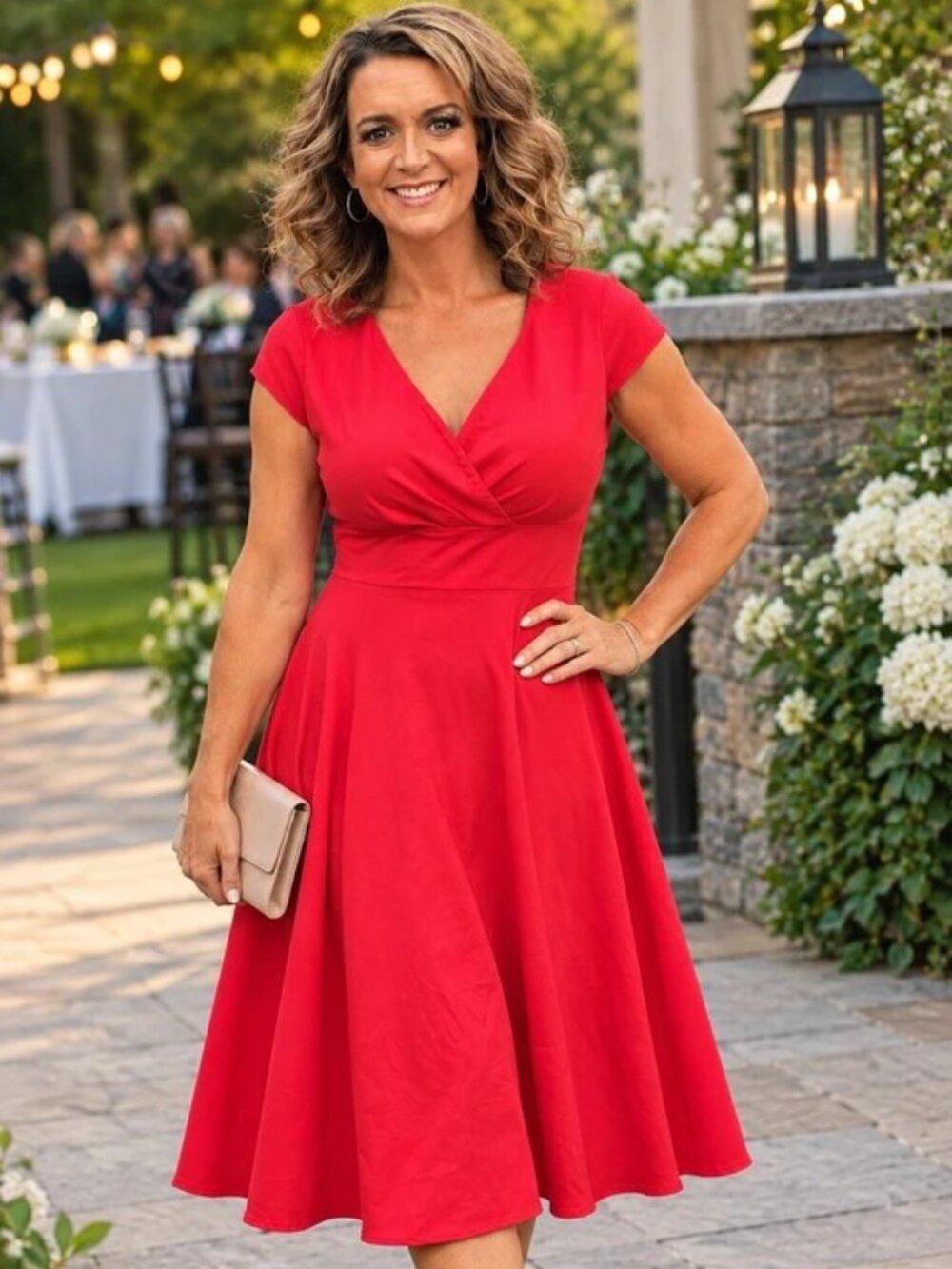 Bbonlinedress Red Fit & Flare Swing Dress XL V-Neck Wedding Guest Cocktail